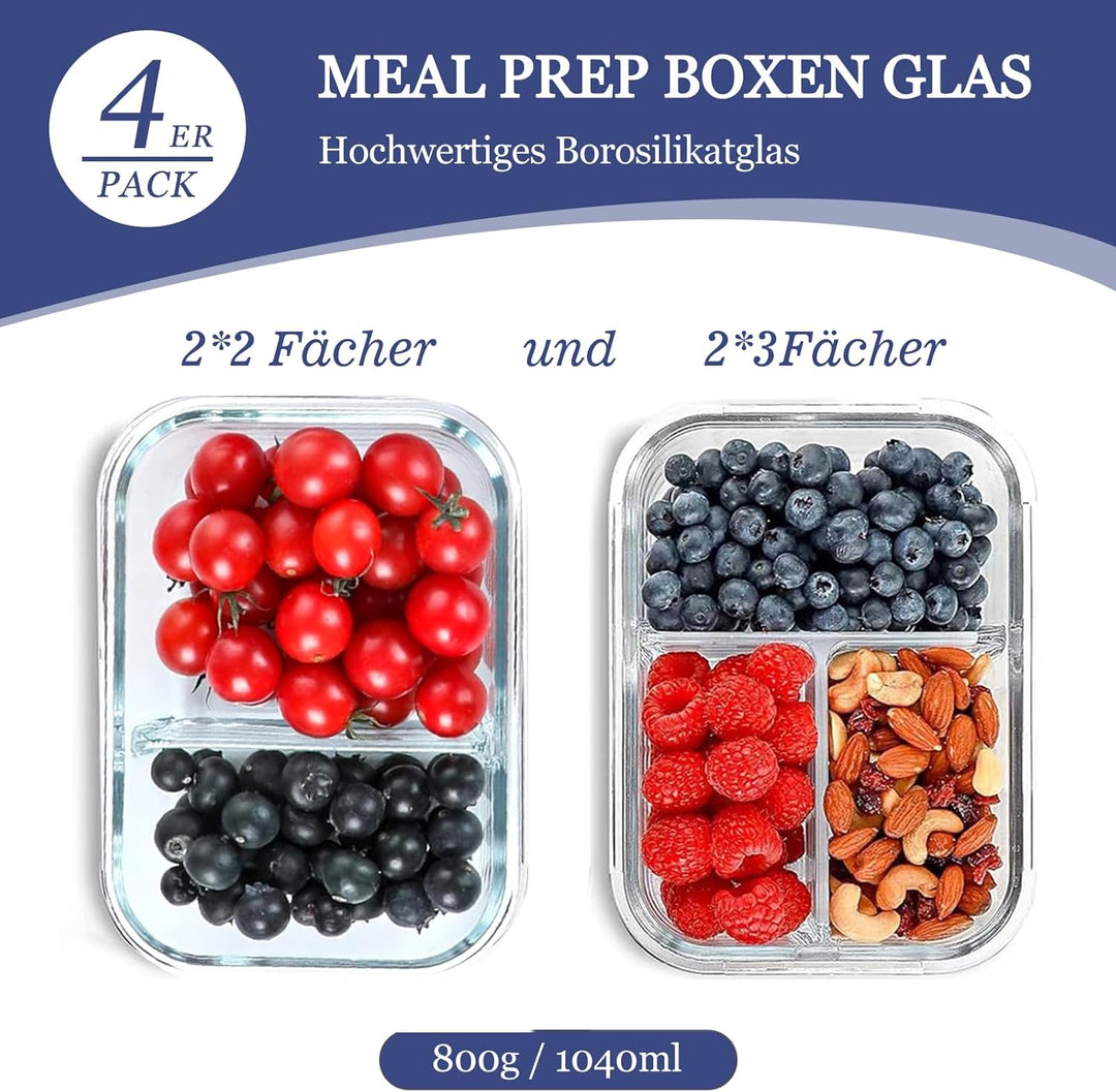 Glasbehälter mit Deckel Meal Prep Boxen Glas 2&3 Fächer (4Stück, 1040ml) Frischhaltedosen mit Deckel