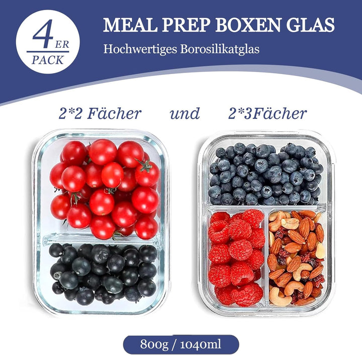 Glasbehälter mit Deckel Meal Prep Boxen Glas 2&3 Fächer (4Stück, 1040ml) Frischhaltedosen mit Deckel