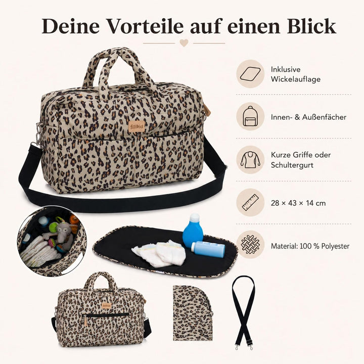 Fillikid Wickeltasche Toulouse Exklusiv | Inkl. Wickelauflage | Grosse Windeltasche mit Schultergurt