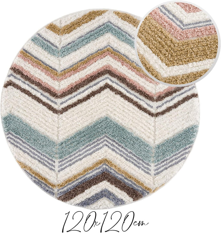 payé Teppich Rund - Hochflor - 120x120cm - Boho - Geometrisch Zick Zack - Muster -Pastellfarben Mult