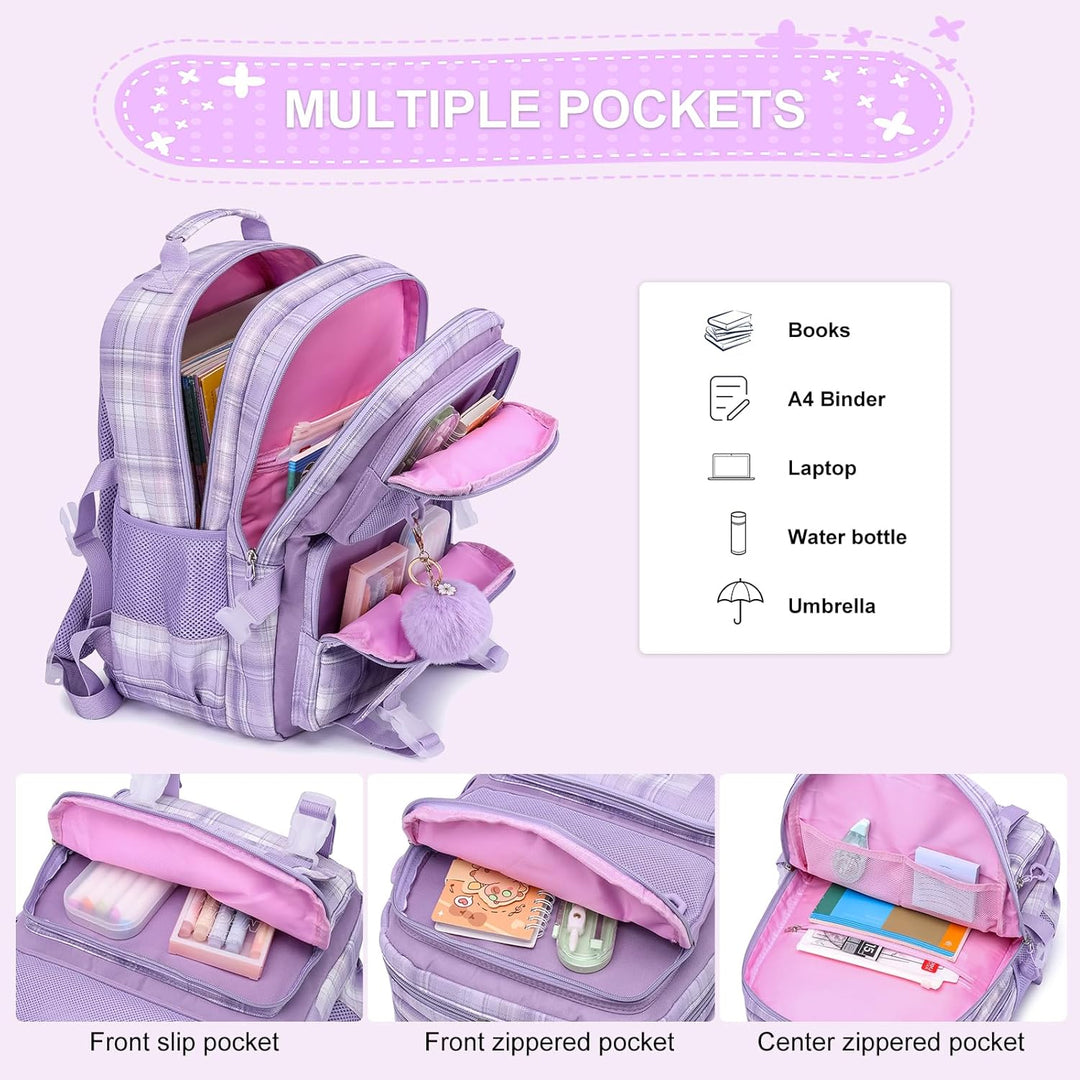 KEBEIXUAN Rucksack Mädchen, Schultasche Mädchen 1.-5. Klasse, Atmungsaktiv Schulrucksack mit Pom-Pom
