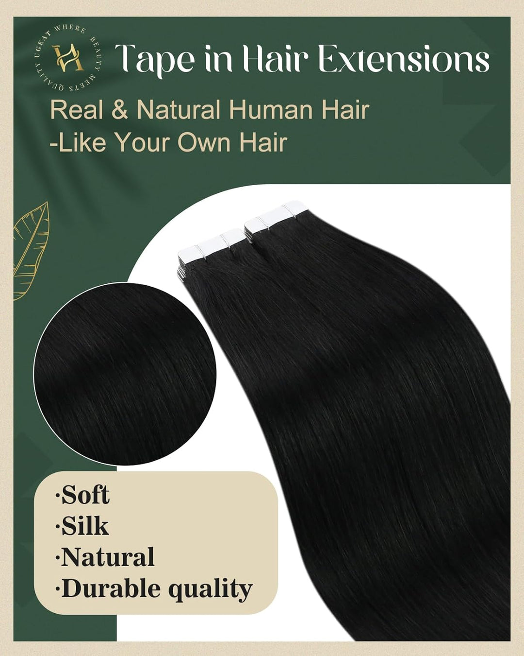 Ugeat Tape Extensions Echthaar Schwarz 35cm Hair Extensions Echthaar Tape 20Stücke Haarverlangerung