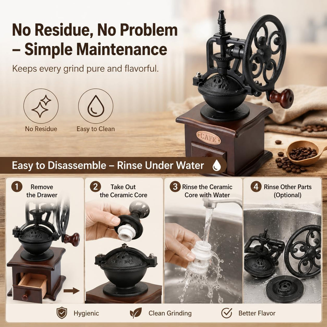 Zerodis Manuelle Kaffeemühle, Retro-Stil, Handkurbel, Holz, Keramik, Gusseisen, Mühle für Kaffeebohn