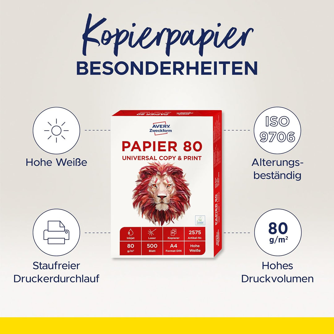AVERY Zweckform 2575 Druckerpapier, Kopierpapier (1.500 Blatt, 80 g/m², DIN A4 Papier, weiss, für al
