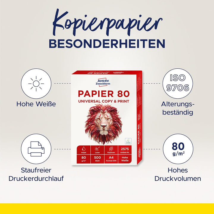 AVERY Zweckform 2575 Druckerpapier, Kopierpapier (1.500 Blatt, 80 g/m², DIN A4 Papier, weiss, für al