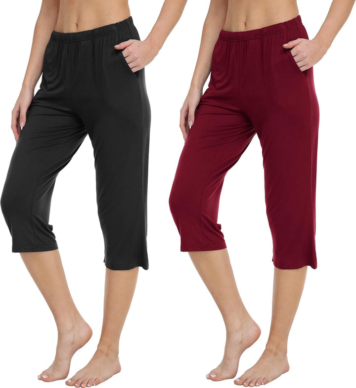 MoFiz Damen Schlafanzughose 3/4 Lang Schlafhose Modal Nachtwäsche Weich Pyjamahose Freizeithose mit