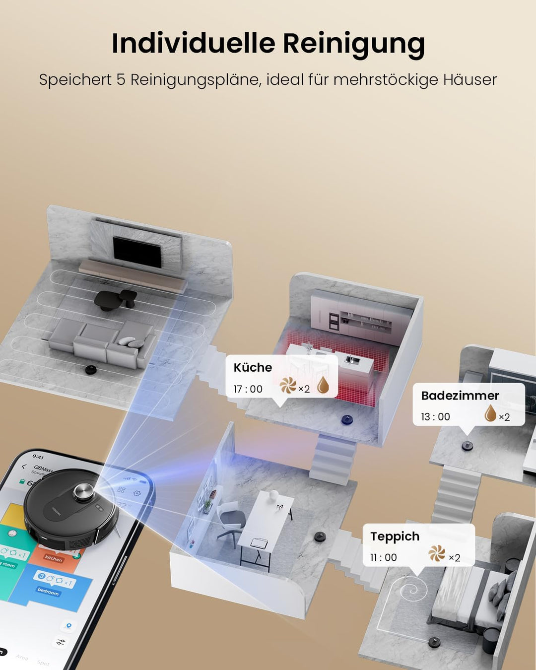 Proscenic Q8 Max+ Saugroboter mit Wischfunktion, 8000Pa 200min Staubsauger Roboter mit 3L Staubbeute