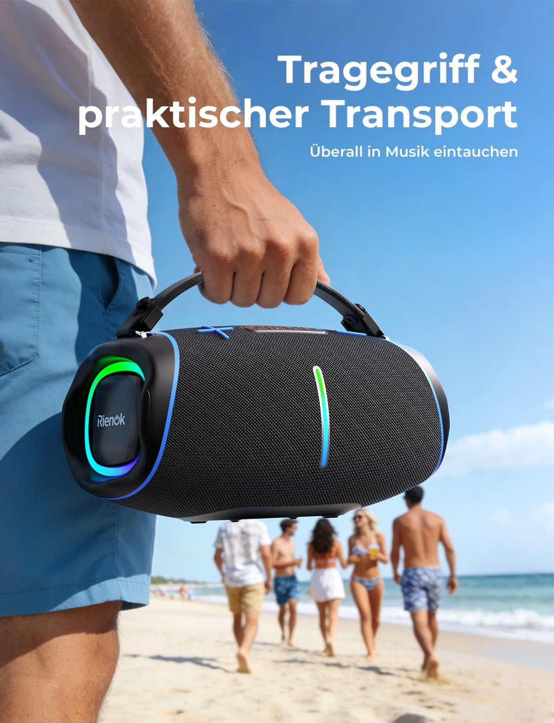 RIENOK 100W Bluetooth Lautsprecher mit 2+2 Channel, 30 Std. Laufzeit Musikbox Support USB TF und AUX