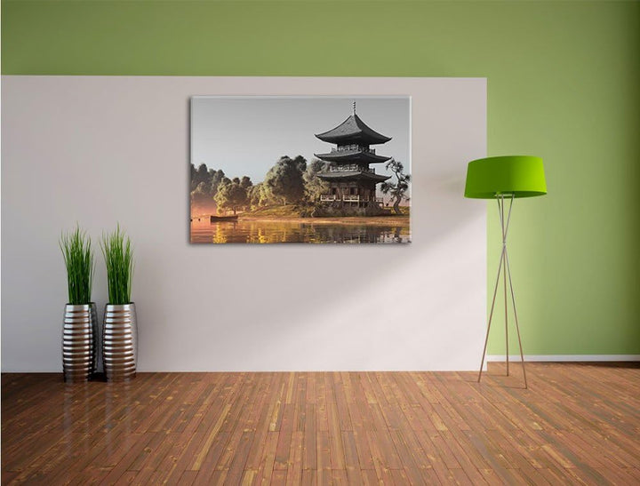 Pixxprint asiatischer Tempel an See als Leinwandbild/Grösse: 100x70 cm/Wandbild/Kunstdruck/fertig be