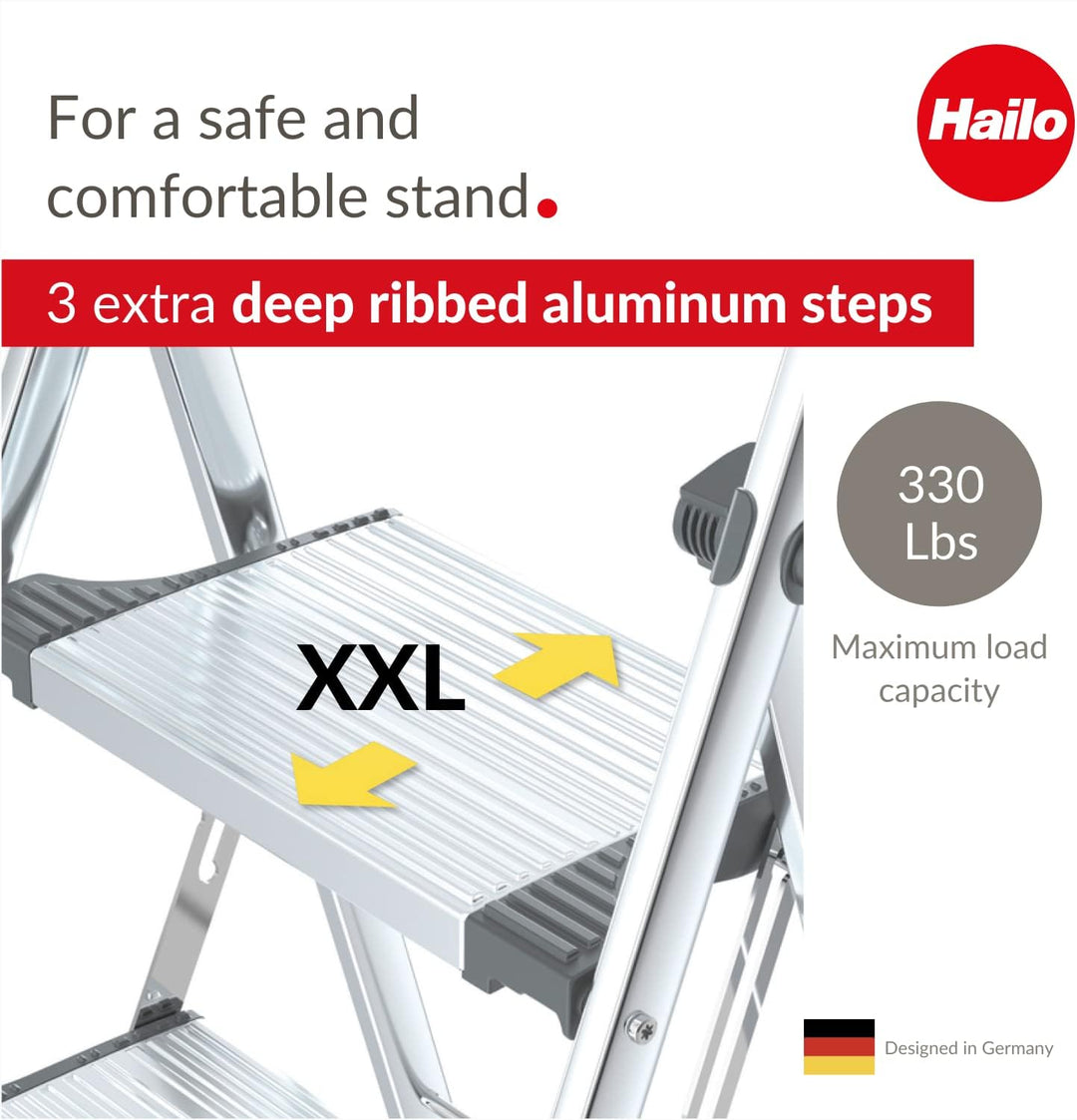 Hailo LivingStep Comfort, Alu-Klapptritt, 3 Stufen, hoher Sicherheitshaltebügel, Füsse mit Soft-Grip