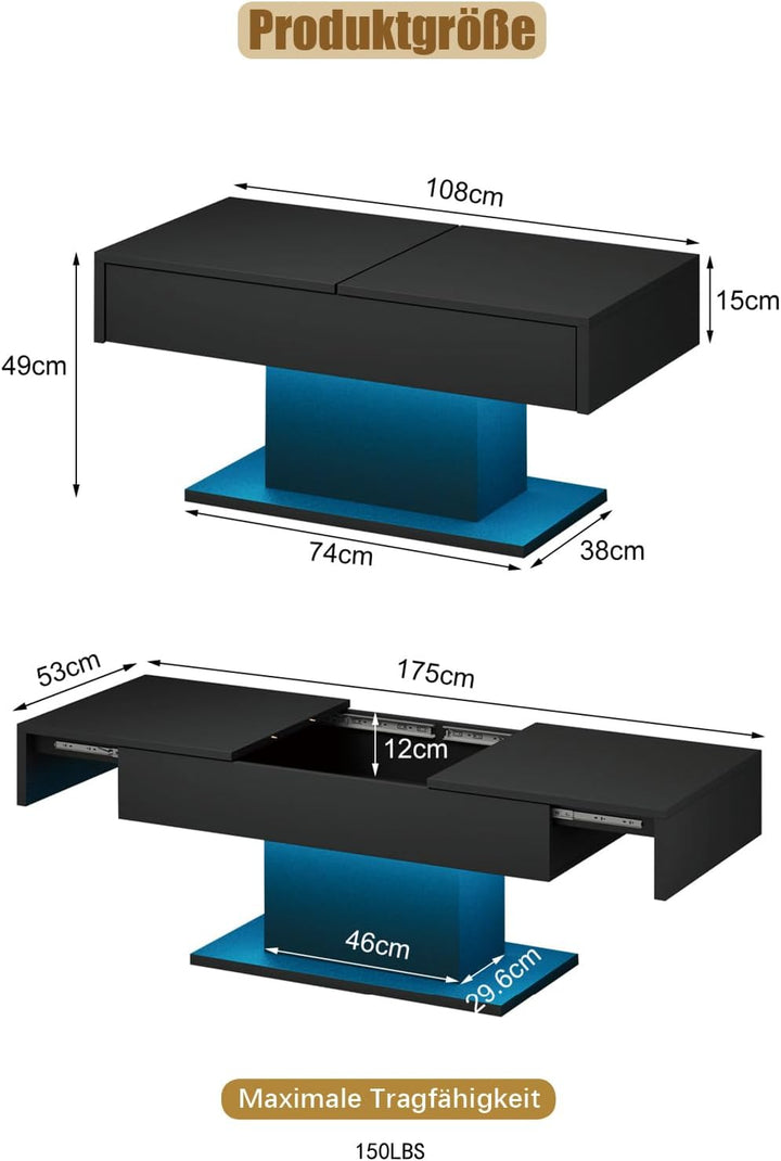 KEEPREAPER Couchtisch Hochglanz ausziehbar, Wohnzimmertisch versenkbar mit Stauraum für Sofa, 108x53