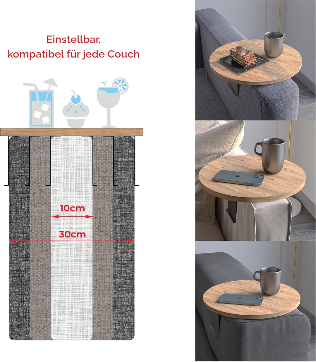 Couch-Tablett Armlehne, Einstellbarer Sofa-Tablett, Getränkehalter, spezielles Design praktischer Me