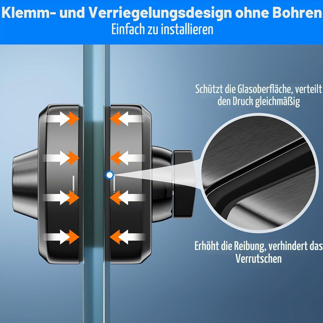 Ranbo Glastürschloss abschliessbar, ohne Bohren, Schwarz gebürstet | Edelstahl-Klemmschloss mit 5 Sc