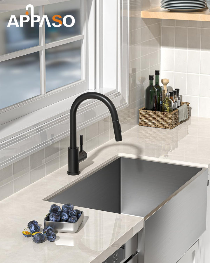 Wasserhahn Küche Schwarz, APPASO Küchenarmatur Ausziehbar 360° Drehbar, Hochdruck Mischbatterie mit
