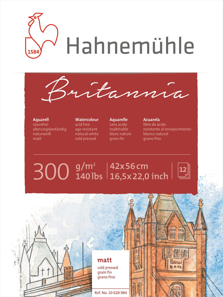 Hahnemühle Britannia Aquarellblock, mattes naturweisses Aquarellpapier, 300 g/m², 12 Blatt, 42 x 56