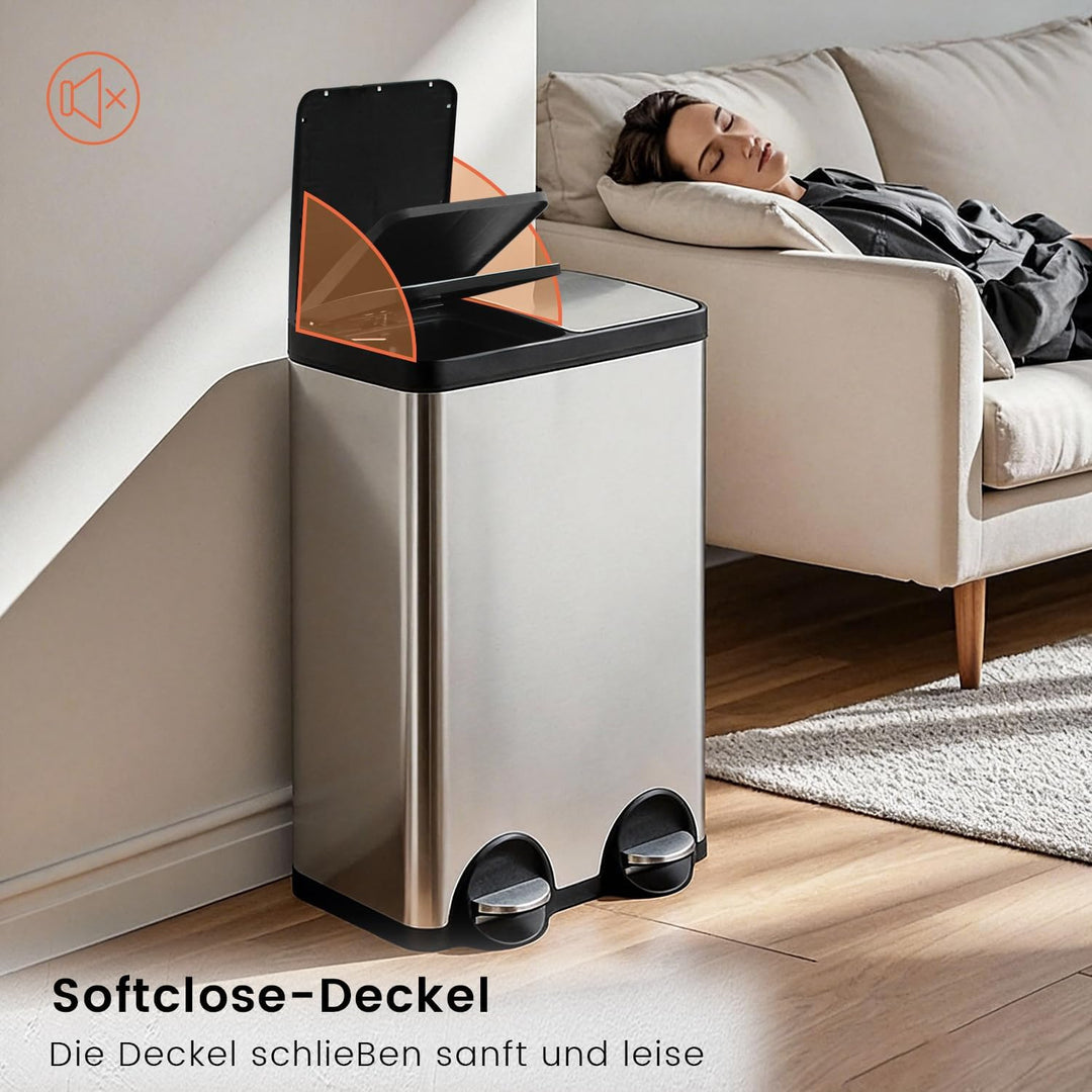 Mülleimer Küche 60l, 2x30L Mülltrennsystem, Tretmülleimer, Silber | Mülleimer 2 Fächer, Edelstahl, H