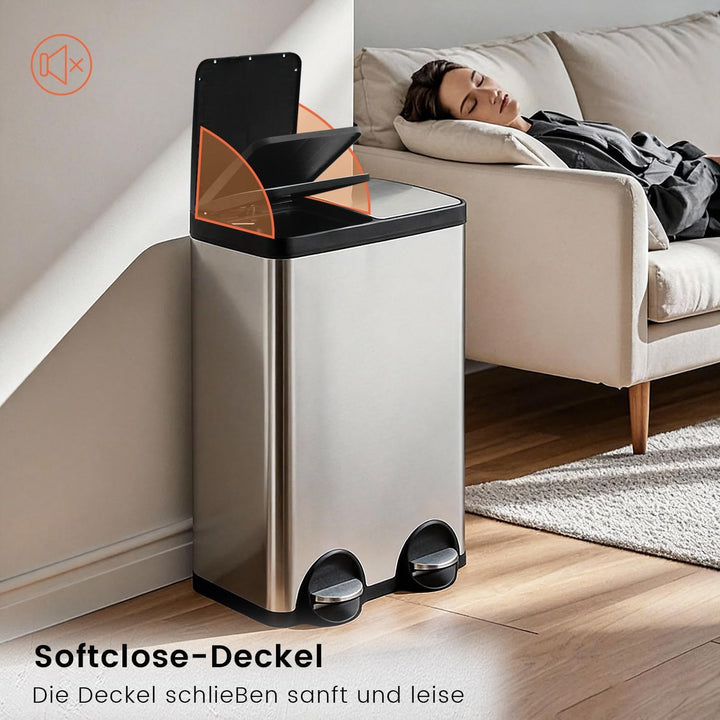 Mülleimer Küche 60l, 2x30L Mülltrennsystem, Tretmülleimer, Silber | Mülleimer 2 Fächer, Edelstahl, H