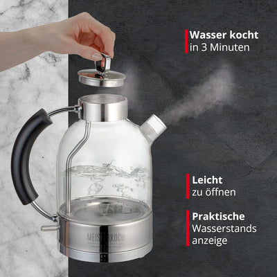 Meisterkoch Kessel-Wasserkocher WK-161G aus Glas, 1,6 Liter, Kalkfilter, Wasserstandsanzeige, Öffnen