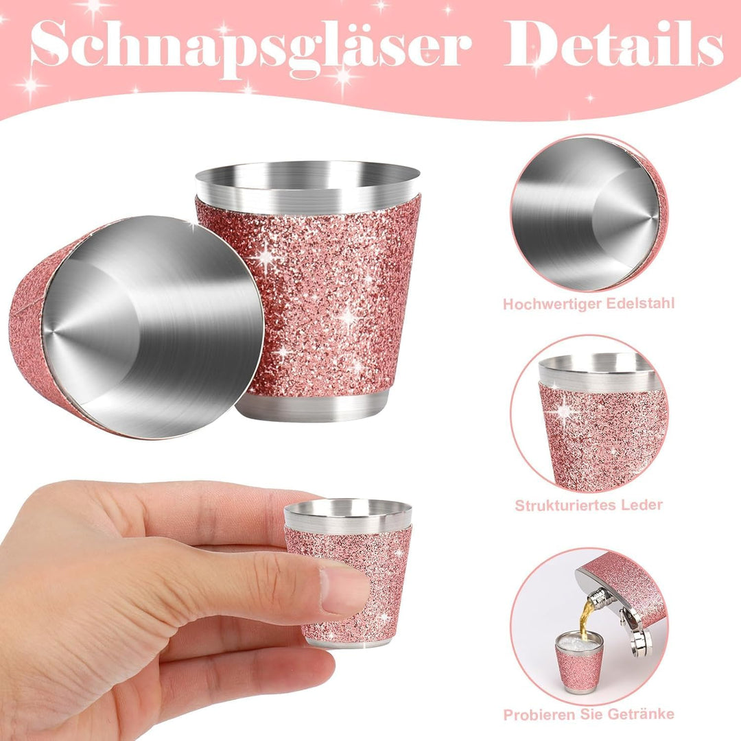 Flachmann Edelstahl und Trichter Klein Becher Rosa Schnapsbecher mit 2 Stück Schnapsglas Edelstahl S