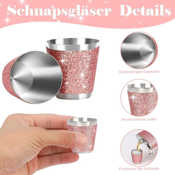 Flachmann Edelstahl und Trichter Klein Becher Rosa Schnapsbecher mit 2 Stück Schnapsglas Edelstahl S