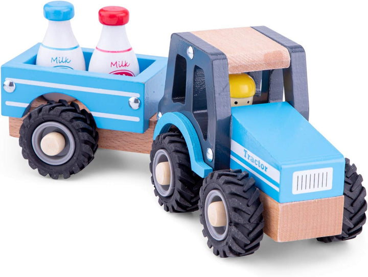 New Classic Toys - 11942 - Spielfahrzeuge - Traktor mit Anhänger und Milchkannen, Blau Traktor Blau,