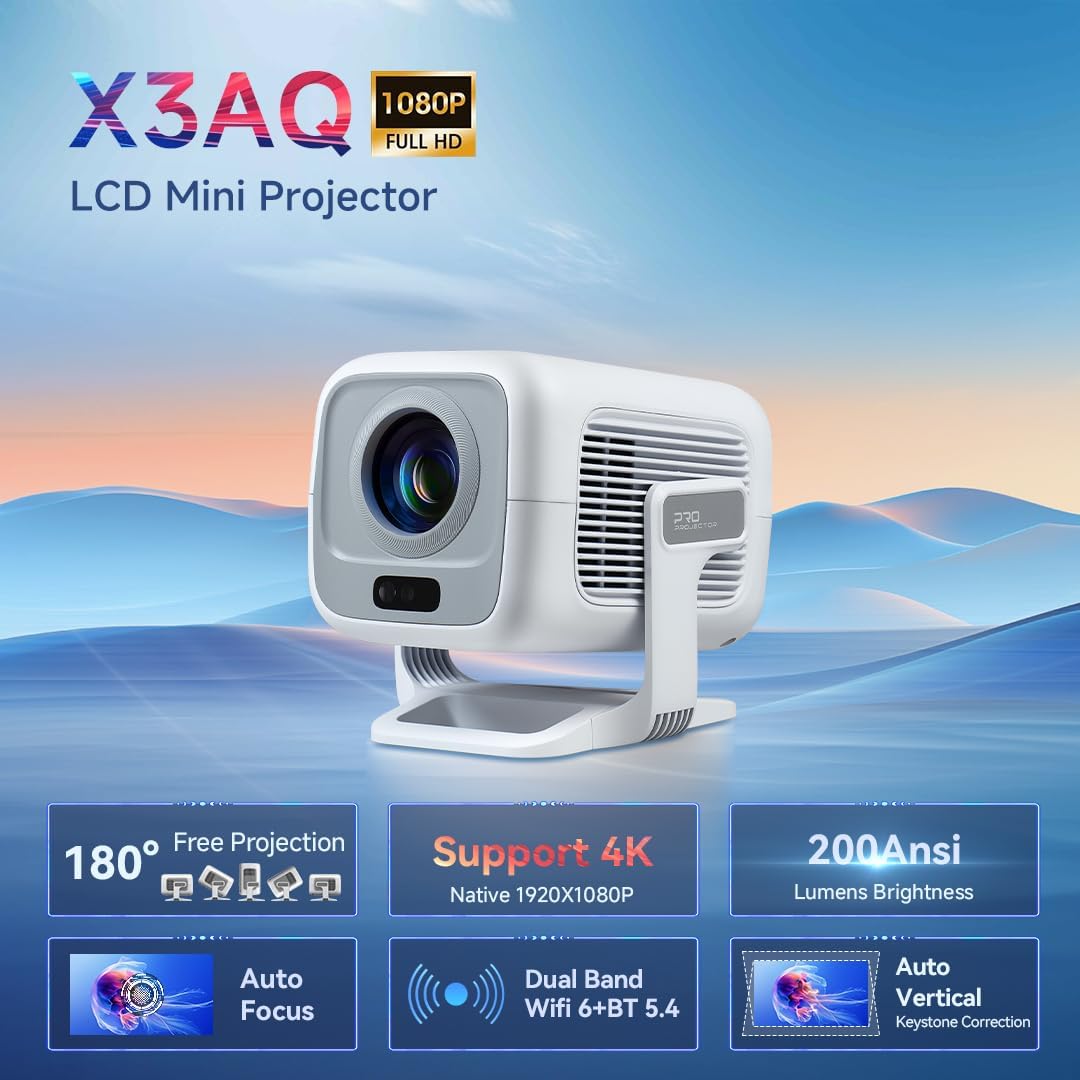 Mini Projektor [Eingebettete App] Autofokus Tragbarer Video-Beamer 4K UHD WiFi 6 BT5.2 Heimkino-Trag