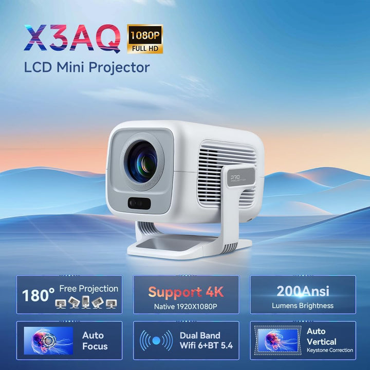 Mini Projektor [Eingebettete App] Autofokus Tragbarer Video-Beamer 4K UHD WiFi 6 BT5.2 Heimkino-Trag