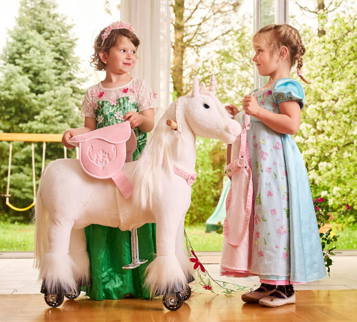 PONNIE Einhorn mit Rollen S (3-6 Jahre), Unicorn zum Reiten mit Abnehmbarer Rosa Sattel und Halfter