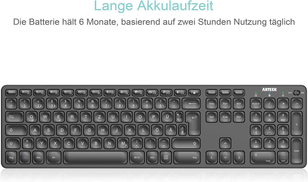Arteck Kabellose Tastatur, Deutsches QWERTZ Layout wiederaufladbare USB Anschluss 2,4 GHz Kabellos T