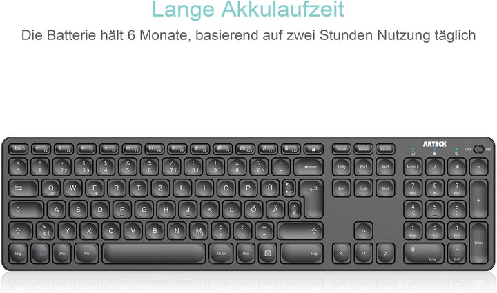 Arteck Kabellose Tastatur, Deutsches QWERTZ Layout wiederaufladbare USB Anschluss 2,4 GHz Kabellos T
