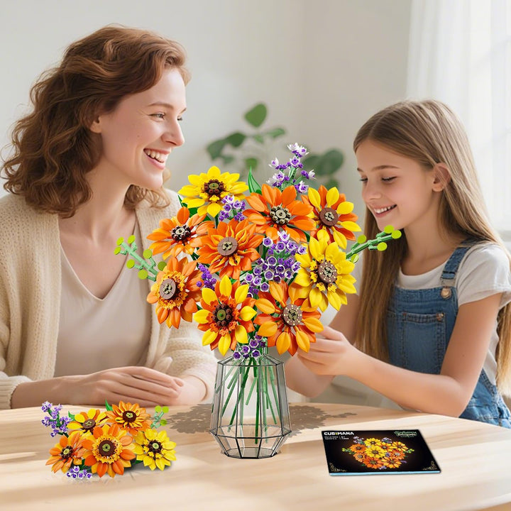 CUBIMANA Blumen-Sonnenblumenstrauss-Bausatz mit Lichtern – 17 Blumen botanische Sammlung künstliche