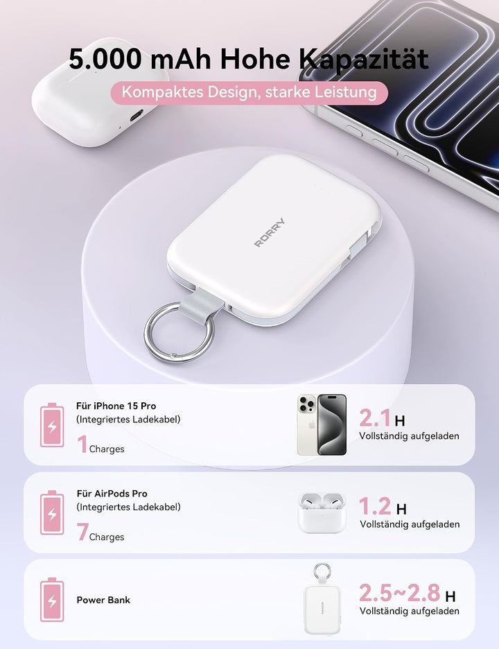 RORRY CharmGo 5000mAh Powerbank, Portable Charger mit integrierten Kabeln und Schlüsselanhänger, Tra
