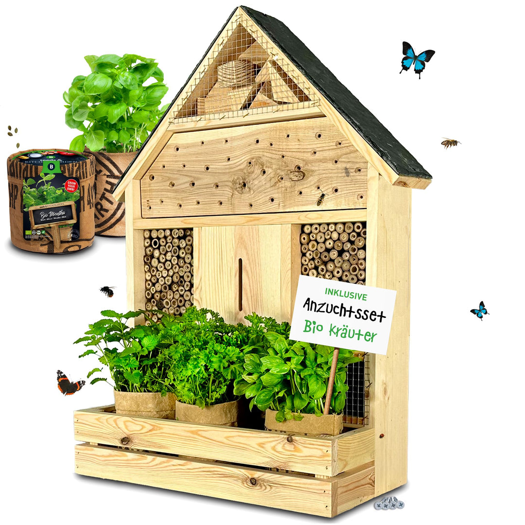 GARTENETAGE Insektenhotel zum Aufhängen mit Schieferdach und Pflanzenbalkon Kräuterparadies - inkl.