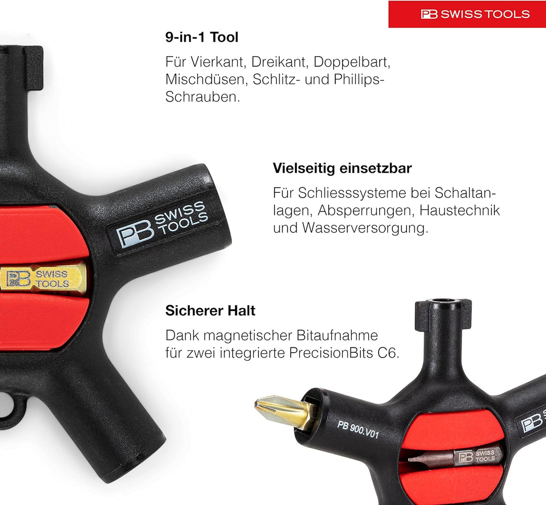 PB Swiss Tools Universal Schaltschrankschlüssel PB 900 V01 | 100% Swiss Made | Kompakter 9-in-1 Univ