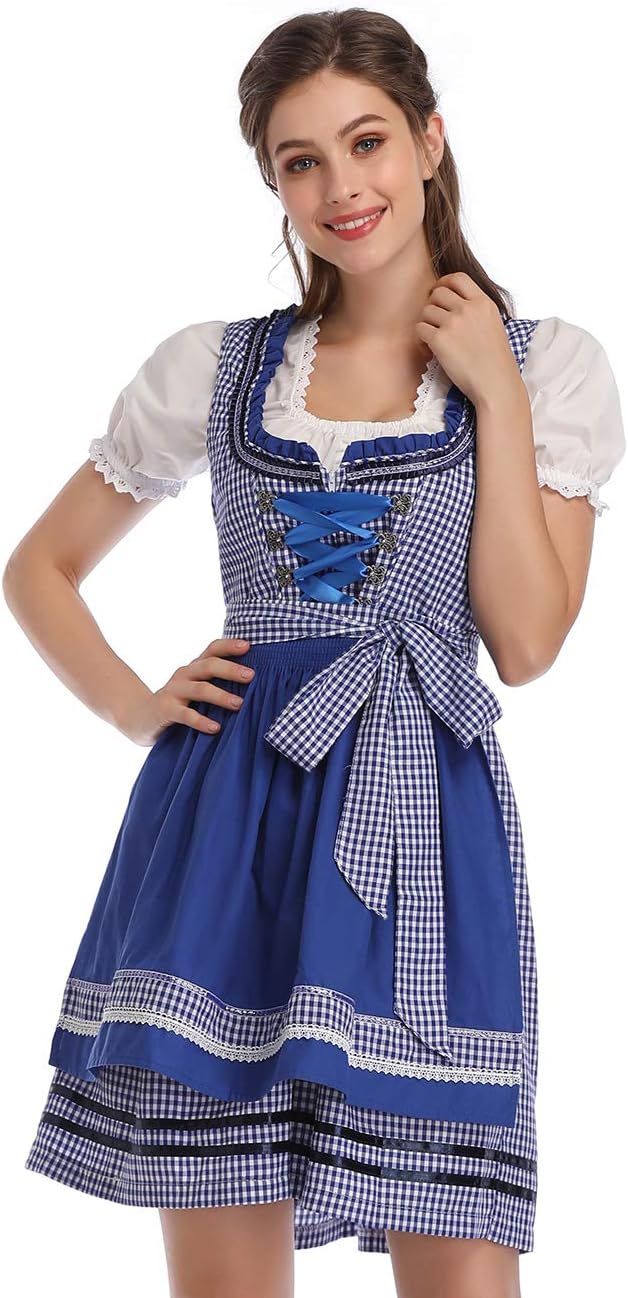 KOJOOIN Trachtenkleid Dirndl Kurz Damen Midi für Oktoberfest 3tlg.- Drei Teilig: Kleid, Bluse, Schür