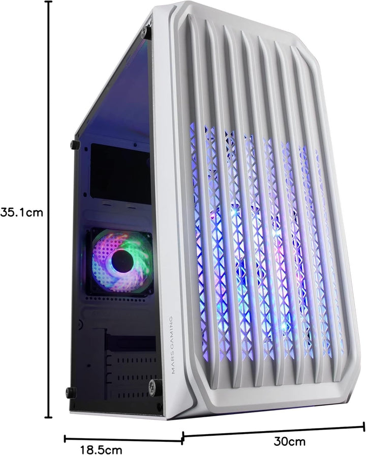 MarsGaming MC-S2 Weiss, Kompaktes Micro-ATX Gaming PC-Gehäuse, 2 FRGB Rainbow-Lüfter mit Frontgitter