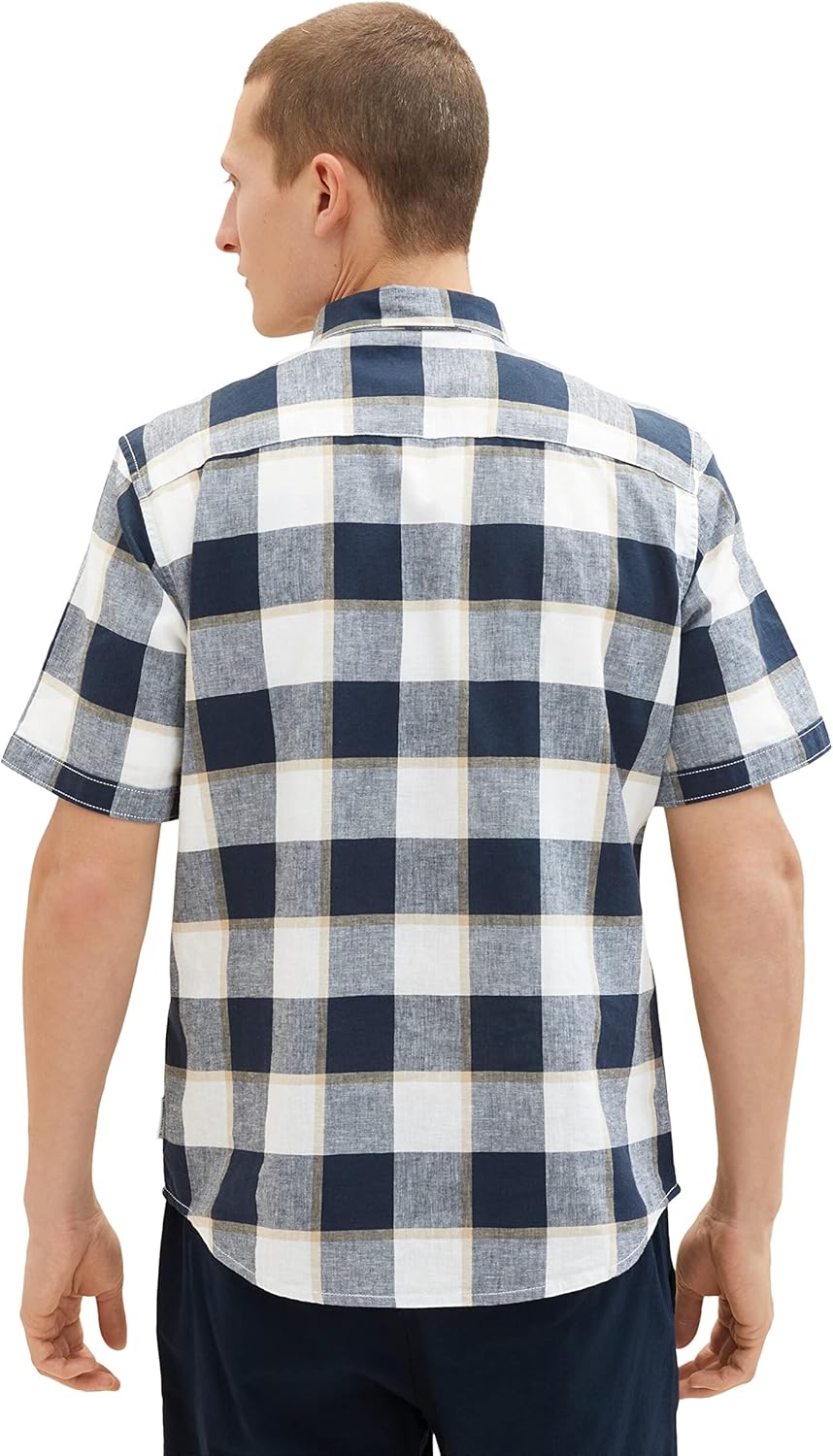 TOM TAILOR Herren Kurzarm-Hemd aus Leinen XXL 31237 - Navy Off White Beige Check, XXL 31237 - Navy O