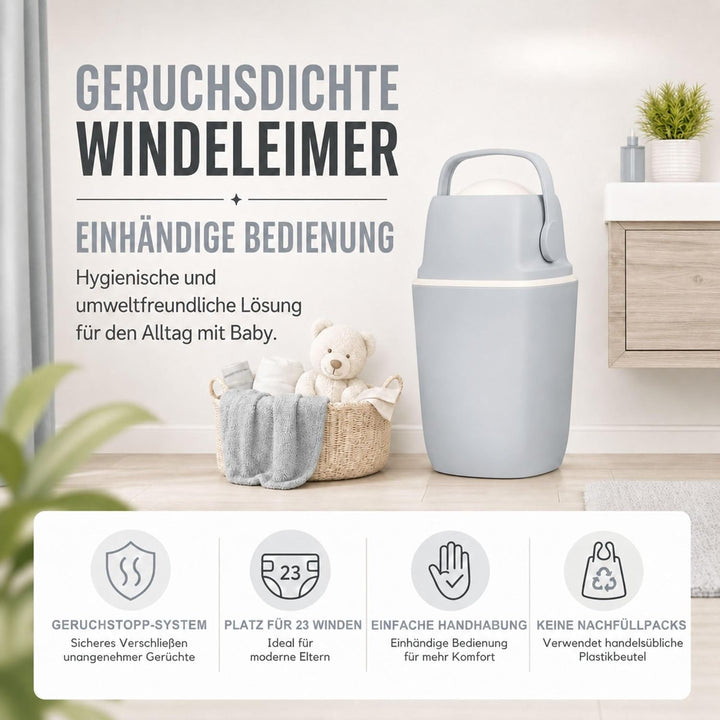 AirWell Windeleimer Geruchsdicht & Windel Blaubaer - Wickeleimer, mit Geruchsstopp-System, Einhändig