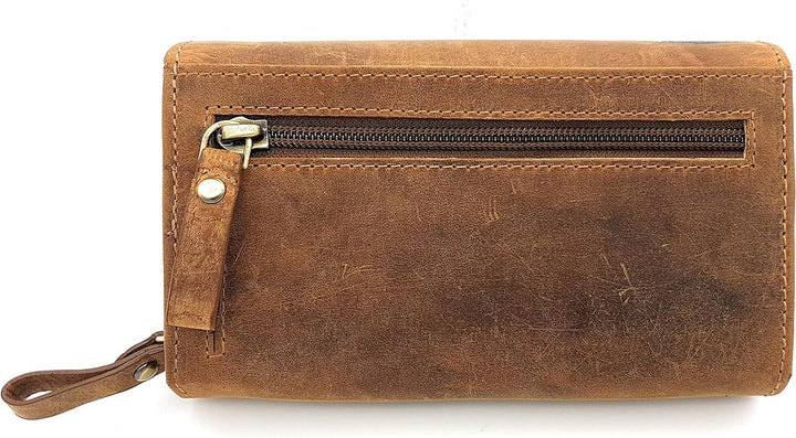 echt Büffel Vollleder Geldbörse, lang, naturbelassenes Hunterleder Portemonnaie mit RFID Schutz Tote