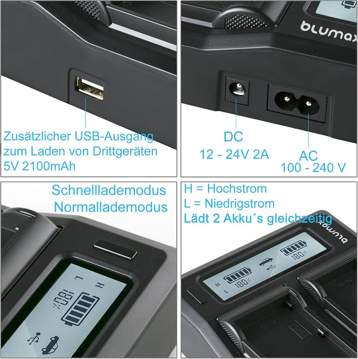 Blumax Turbo LCD Dual/Single Charger Kompatibel mit Canon, Nikon, Panasonic &amp; Sony Akkus – Dual Lade