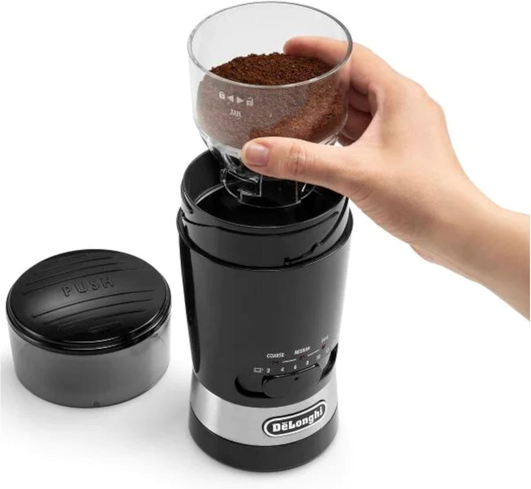 De'Longhi Kaffeemühle KG210 – elektrische Mühle für ganze Kaffeebohnen, Gewürze und Nüsse, rostfreie