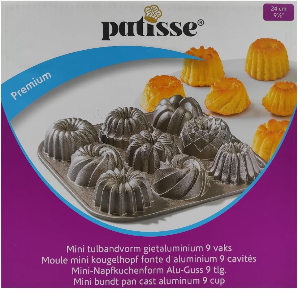 patisse 04521 – Backform für 9 Mini-Gugelhuffs, 9 Mini-Bundt Cakes, Aluminiumguss, goldfarben, 24 x