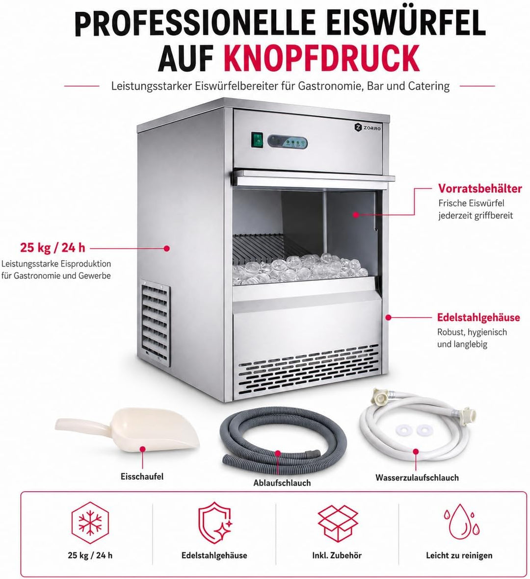 ZORRO - Eiswürfelbereiter ZEB 25 ECO - Gastro 25kg/24h- Eiswürfelmaschine mit