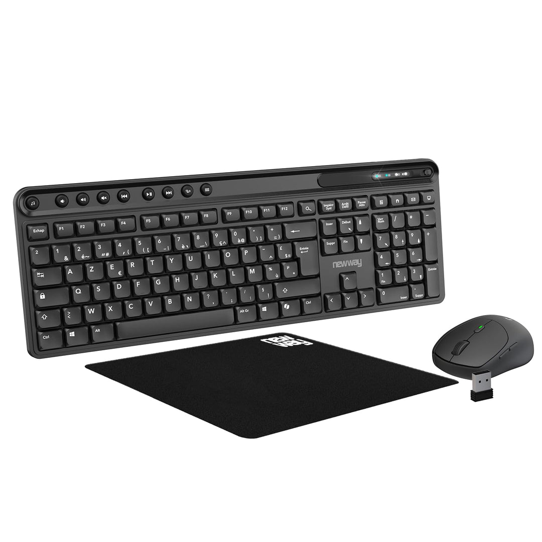 NEWWAY NKMP252 Kabellose Maus-Tastatur, 2,4 GHz, französisches AZERTY-Set, leiser Tipp, 14 Multimedi
