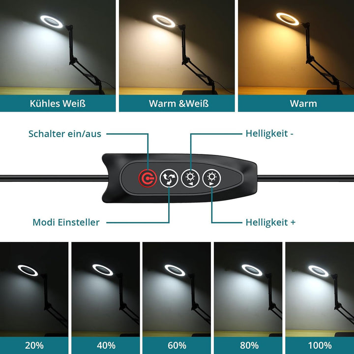 YGiTK 2-in-1 Vergrösserung Schrebtischlampe, 8X Lupe zum Lesen mit grossem Sockel/Klemme, LED Lupenl