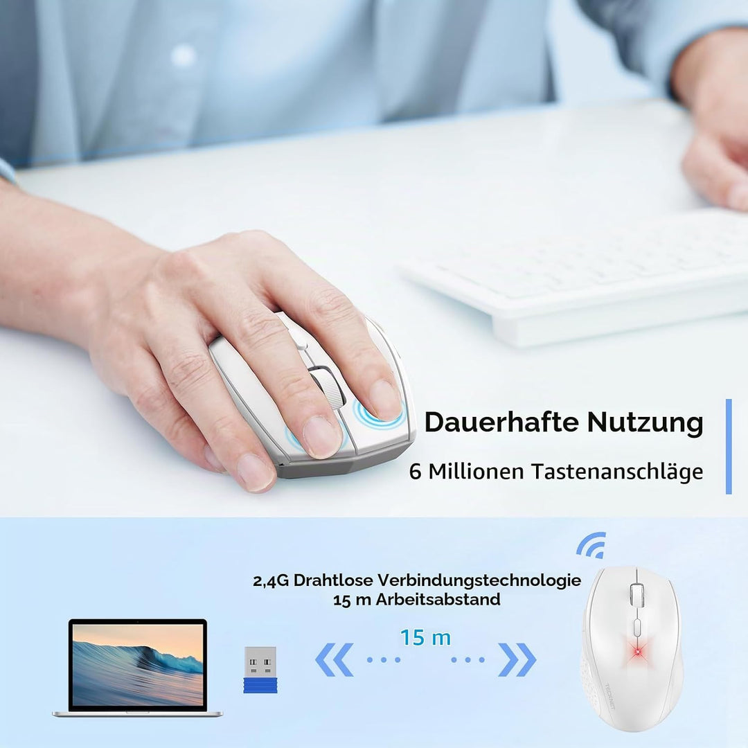 TECKNET Silent Maus Kabellose, 4800DPI 2.4GHz Leise Funkmaus mit Nano Empfänger, Side Control, Ohne