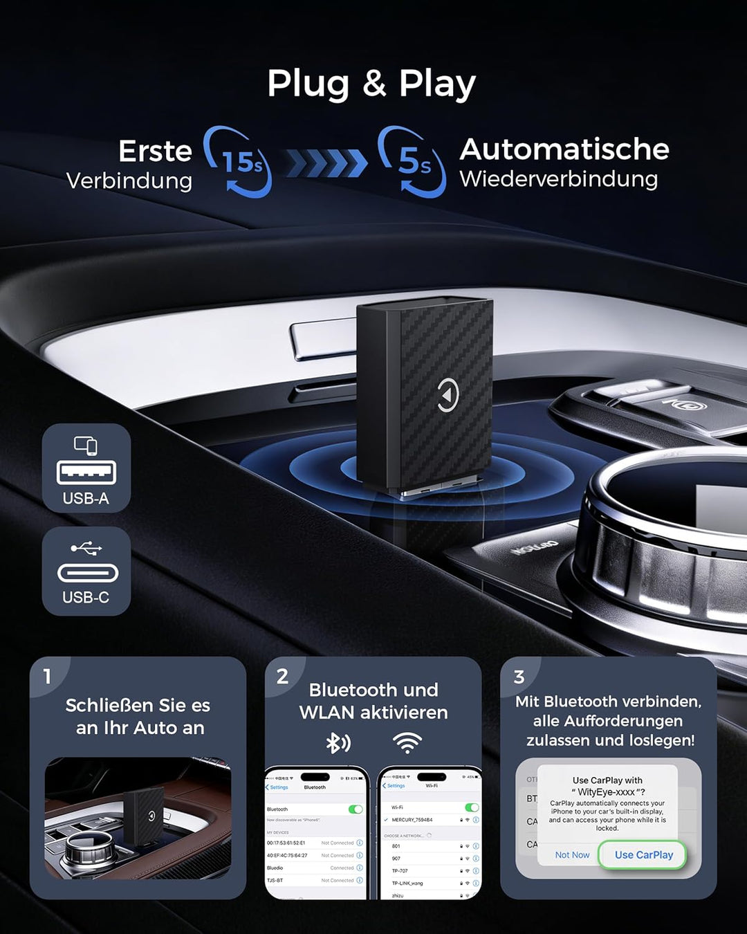 CarPlay und Android Auto Wireless Adapter 2 In 1, V5.4 Bluetooth Stabile Verbindung, Dualband WiFi 6