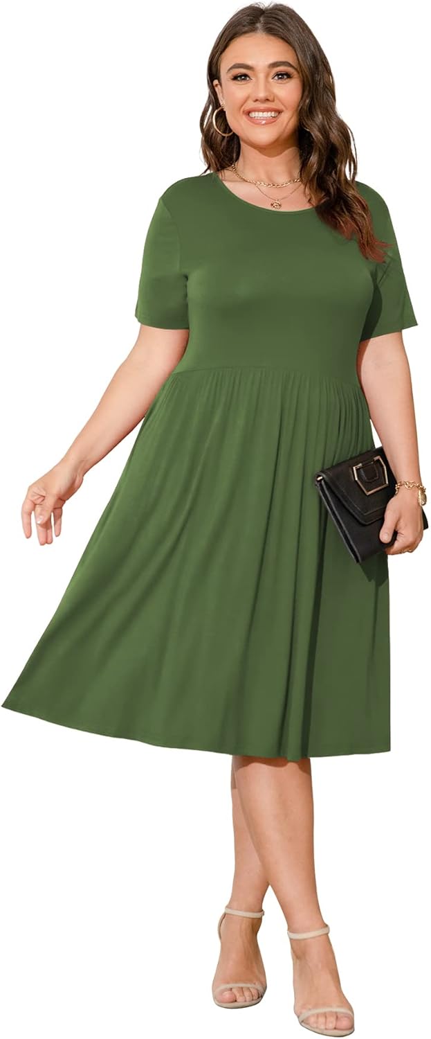 POSESHE Damen-Sommerkleid in Übergrösse 2023, lässig, kurzärmelig, Empire-Taille, lockere Passform,