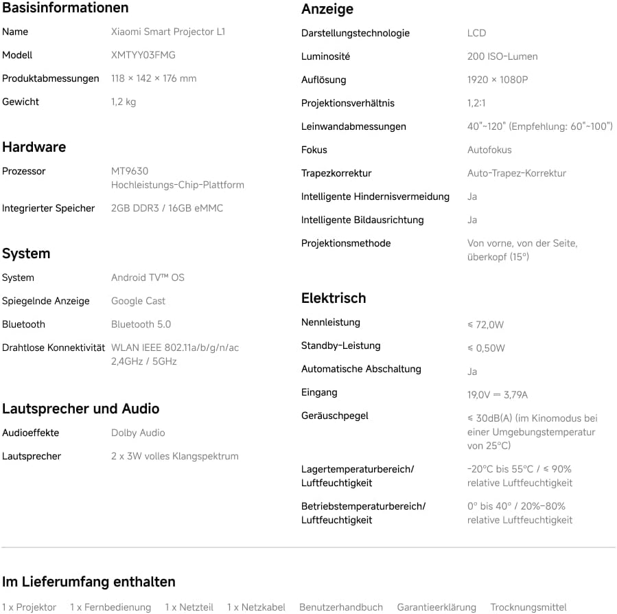Xiaomi L1 Smart Beamer 1080P Full HD mit Google TV & Netflix, Tragbarer Heimkino Projektor, Autofoku