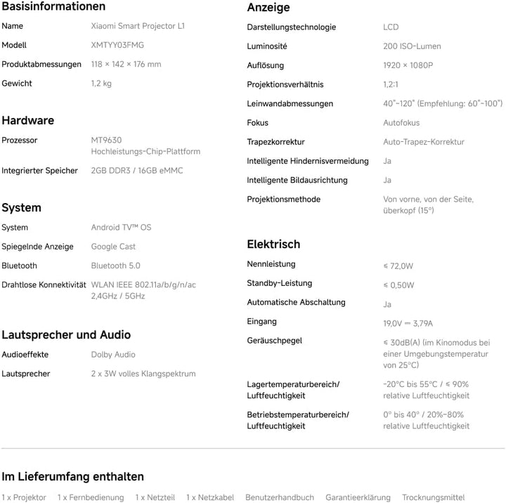 Xiaomi L1 Smart Beamer 1080P Full HD mit Google TV & Netflix, Tragbarer Heimkino Projektor, Autofoku